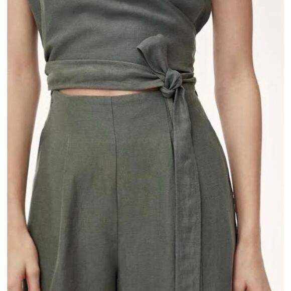 Aritzia Wilfred Revolve Brax Linen Blend Jumpsuit Sagesse Grey Green Wrap sz 8 - Picture 2 of 5